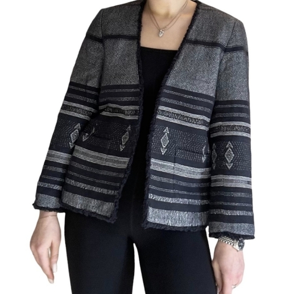 Loft Small‎ Navy Blue Blue Frayed Tweed Aztec Open Blazer Cardigan Patterned - Picture 1 of 12